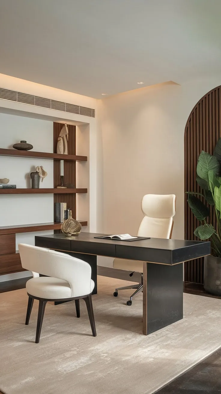 Work from home in luxurious style. This minimalist home office, with its modern design and dream interior, offers the perfect blend of minimalist decor and functionality.  Office inspiration at its finest.