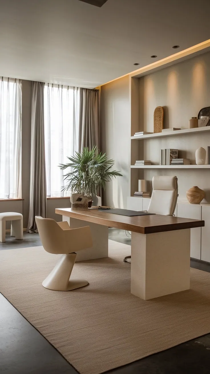 Find your focus in this minimalist home office.  The luxurious interior and modern design create the perfect blend of serenity and productivity, offering ultimate office inspiration for your dream interior.  Minimalist decor at its finest.