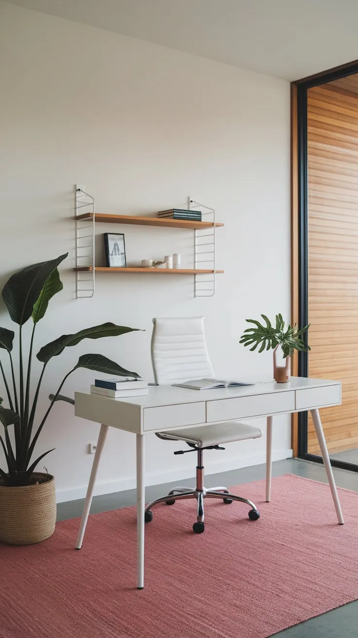 A serene minimalist home office features a white desk and chair, pops of green and pink, and natural light streaming through wooden blinds.