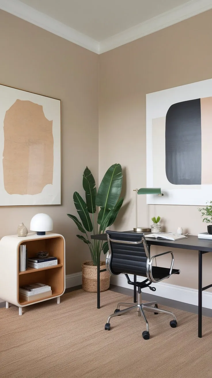 Clean lines and a neutral palette define this minimalist home office, where a few carefully chosen items enhance functionality and style.