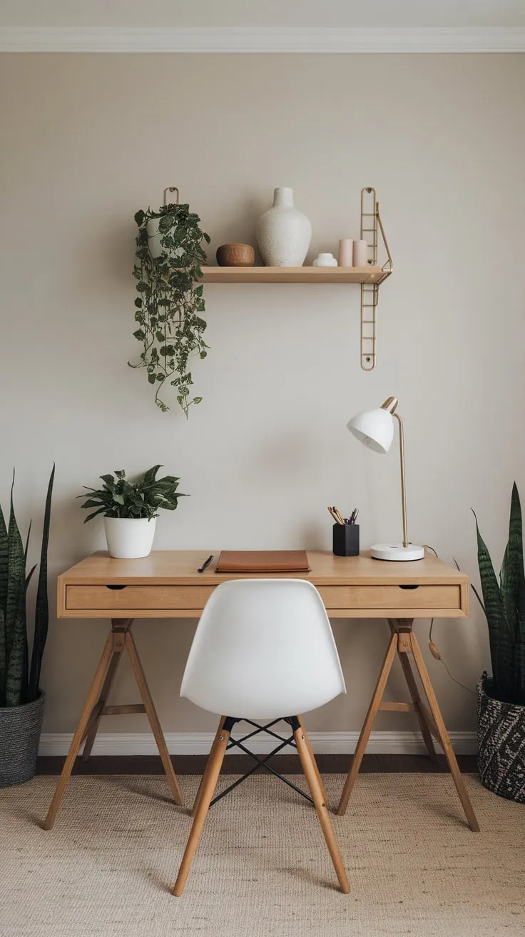 Modern simplicity defines this minimalist home office, featuring a light wood desk, neutral tones, and carefully curated greenery for a calming and efficient atmosphere.