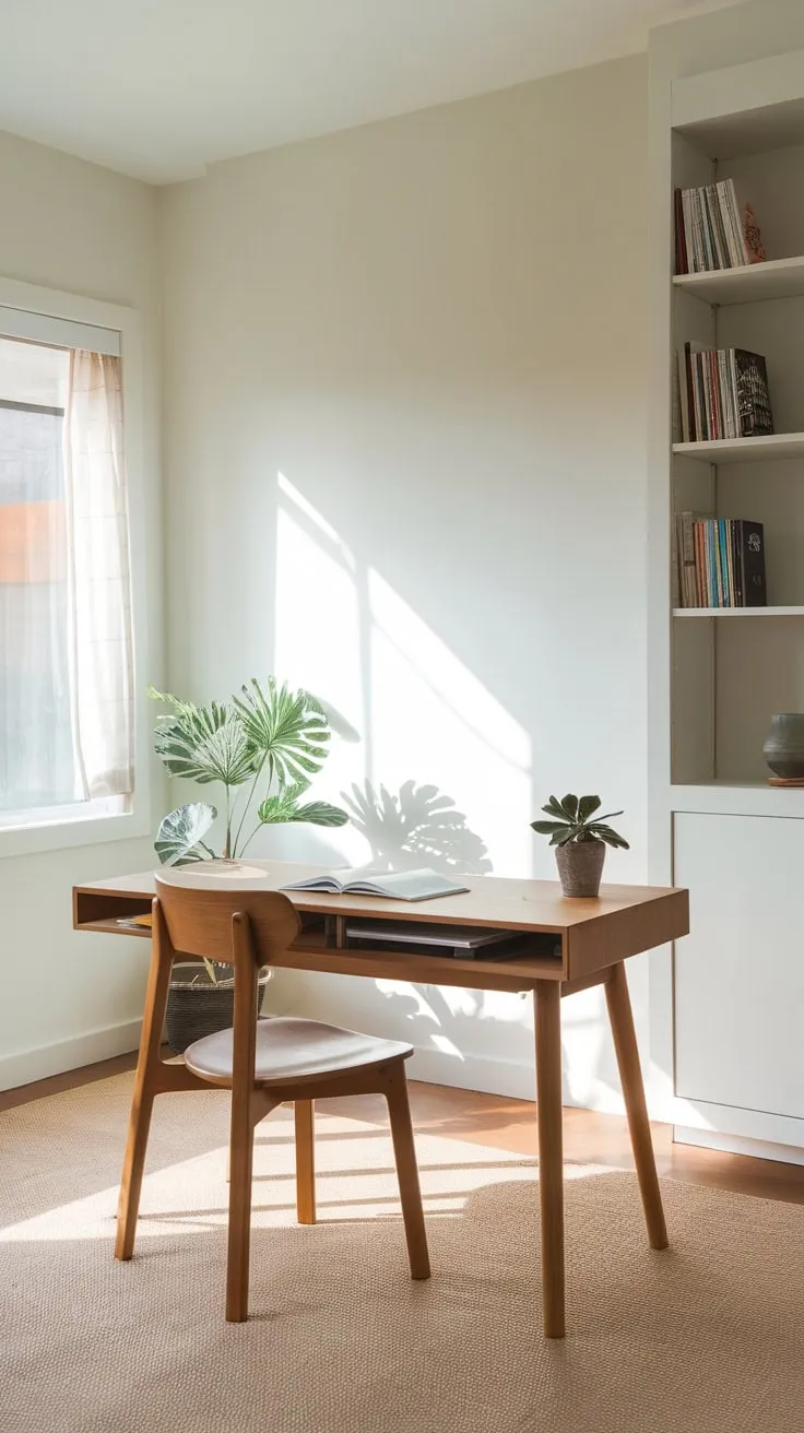 A light-filled, minimalist home office boasts a wooden desk, comfortable chair, and sparse décor for focused productivity.