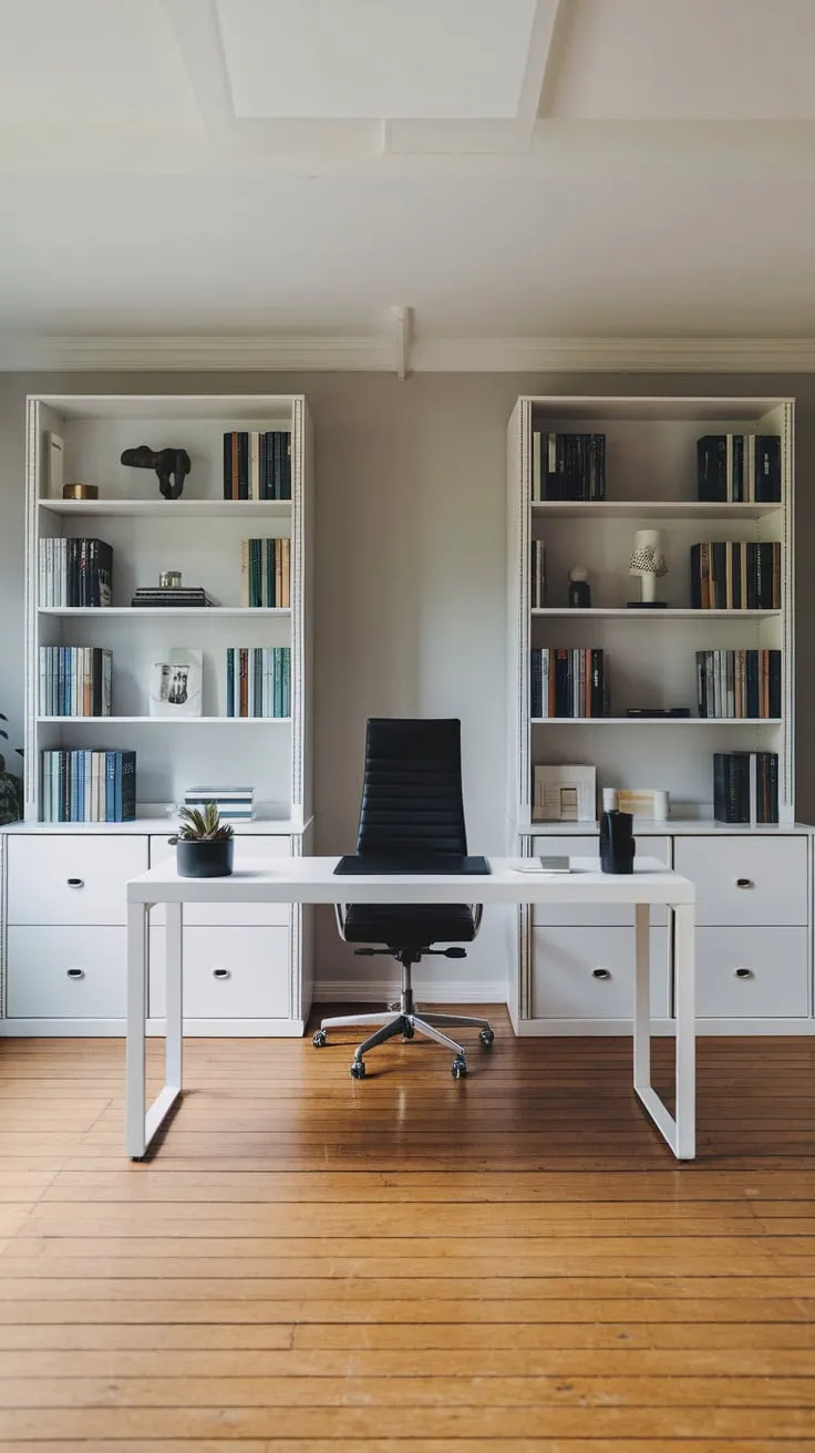 A sleek minimalist home office boasts a white desk, black chair, and curated bookshelves against a light grey wall, embodying modern simplicity.