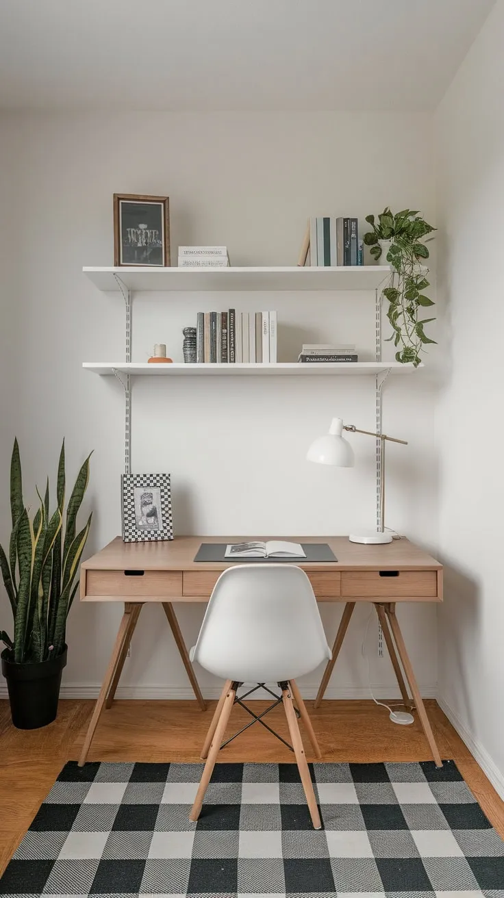 A sleek minimalist home office boasts a clean white and wood aesthetic, accented by subtle black and white details for a modern workspace.