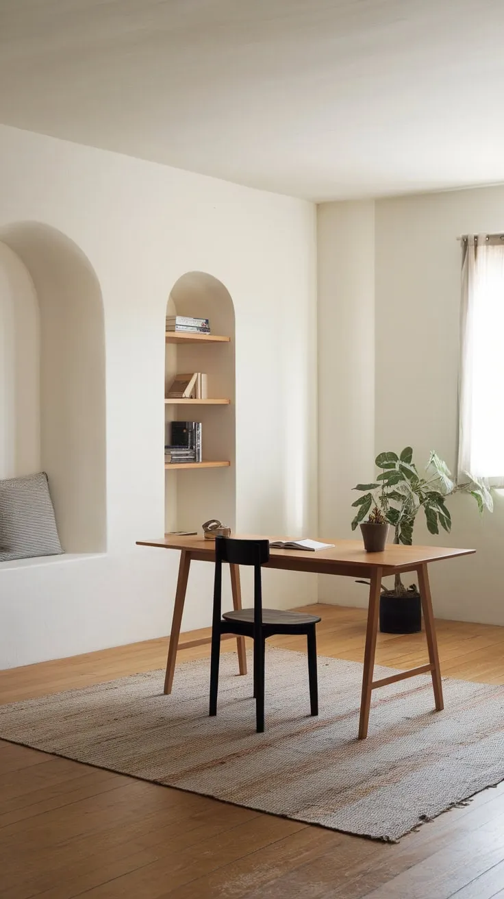 A simple wooden desk black chair and a few carefully chosen items create a contemporary minimalist home office haven.