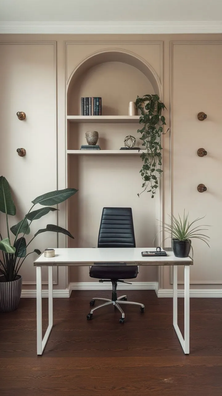 This modern home office blends sleek design with serene colors, creating a tranquil sanctuary for peak productivity amidst the chaos.