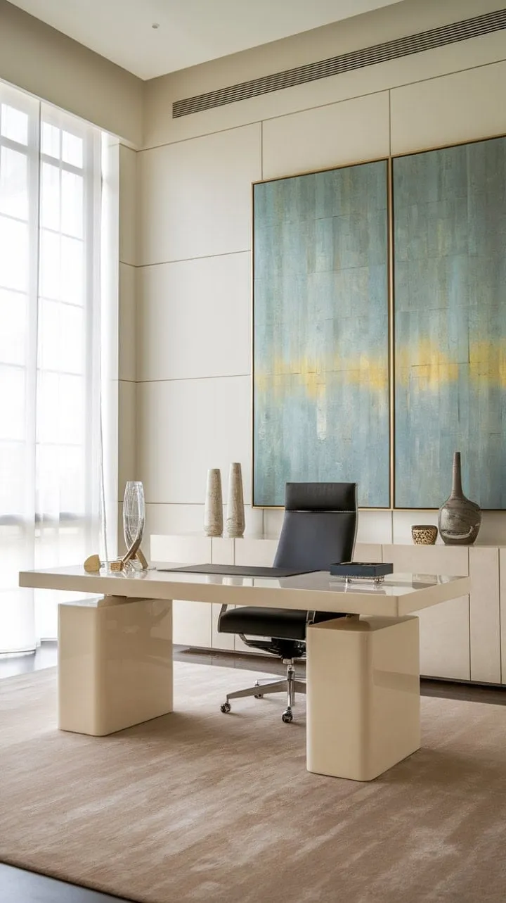 Bathed in sunlight, this minimalist home office harmoniously combines a sleek white desk and vibrant artwork, creating a serene sanctuary for productivity.
