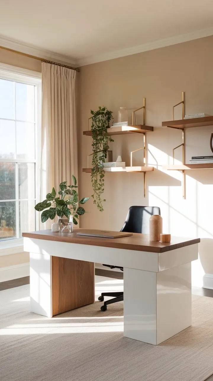 Bathed in sunlight, this minimalist office blends clean lines and natural materials to create a serene sanctuary that inspires creativity and productivity.
