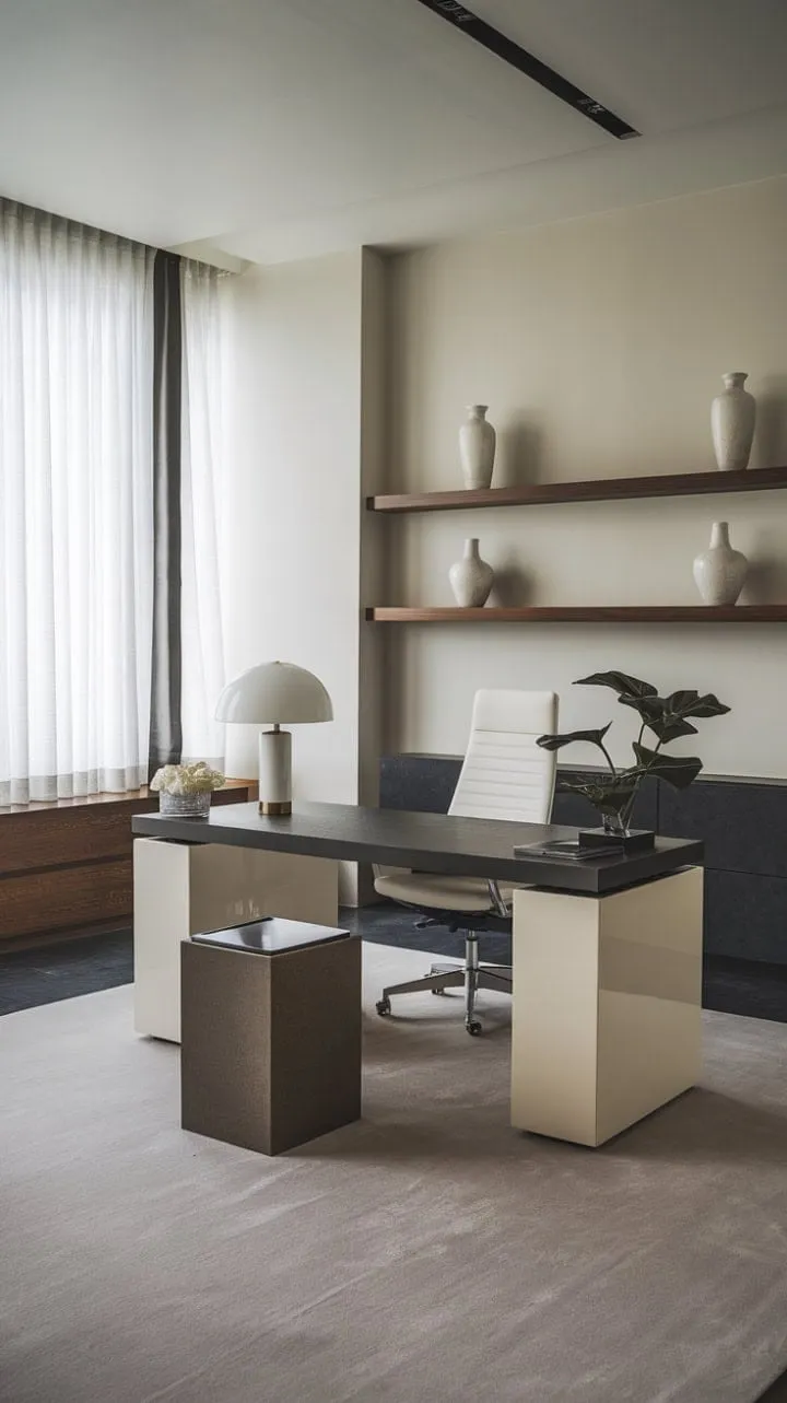 This serene workspace harmoniously blends minimalist design and functionality, creating an inspiring haven of calm and productivity.