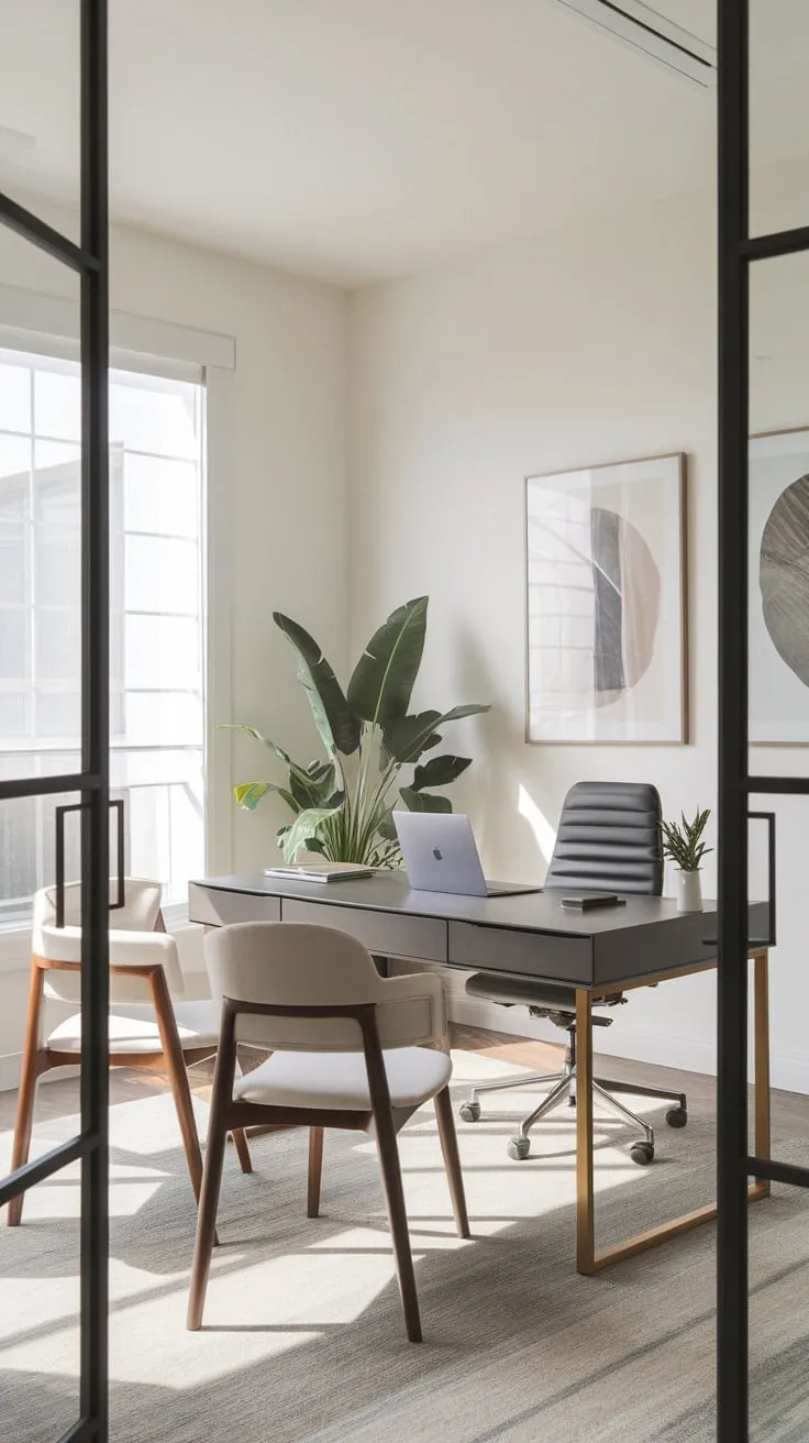 A modern minimalist home office design features a simple layout bathed in natural light, highlighting functionality and calm.