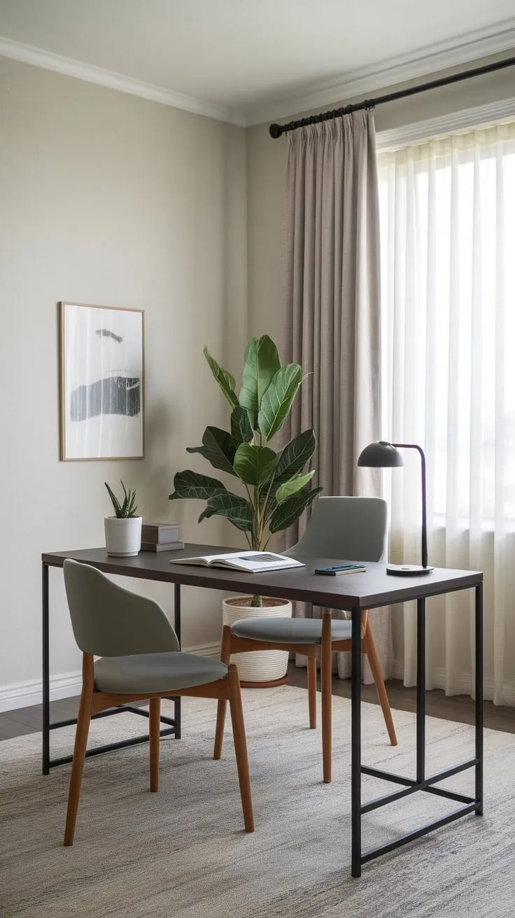 Clean lines and essential elements define this minimalist home office, creating a serene workspace.