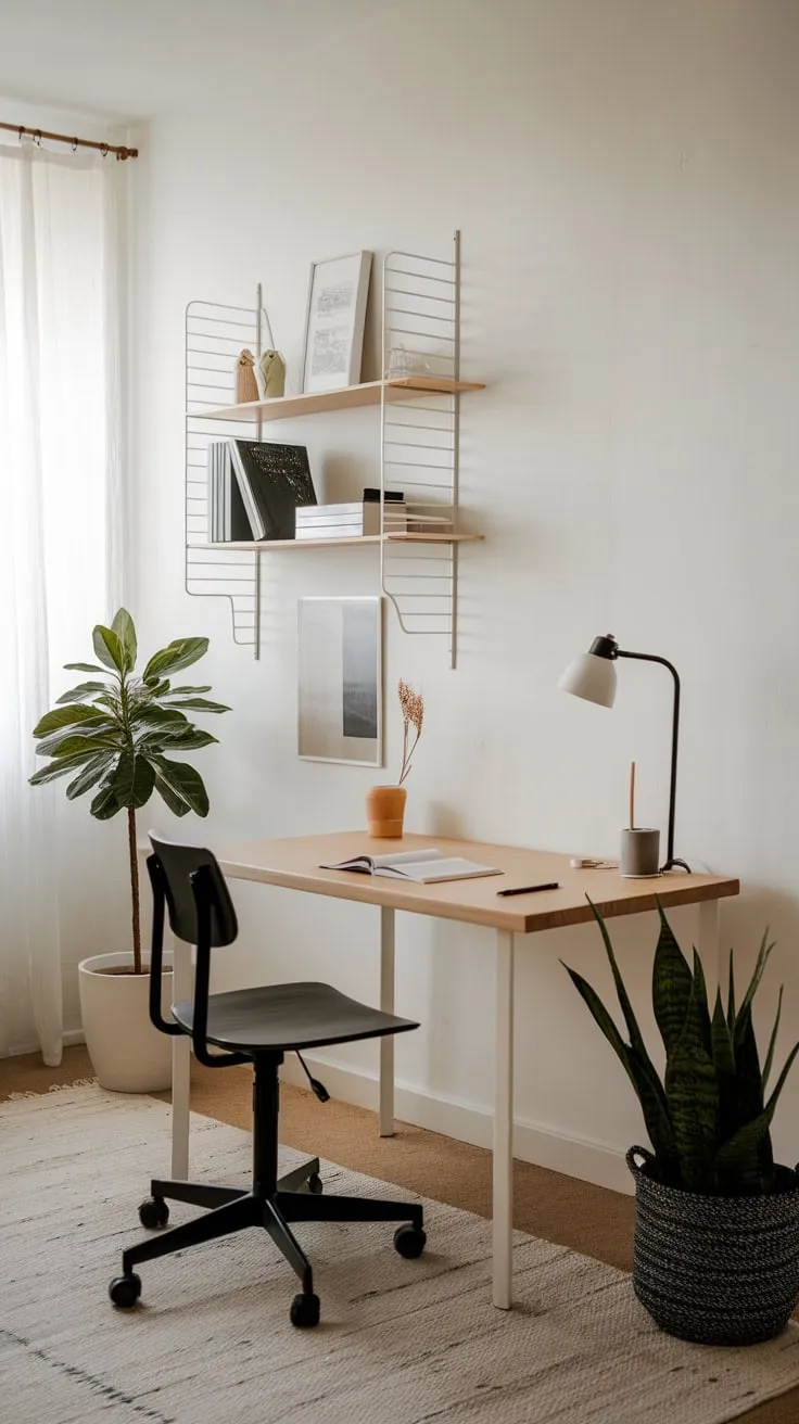 Sunlight streams into a serene minimalist home office featuring a clean white desk, a black chair, and carefully curated essentials.