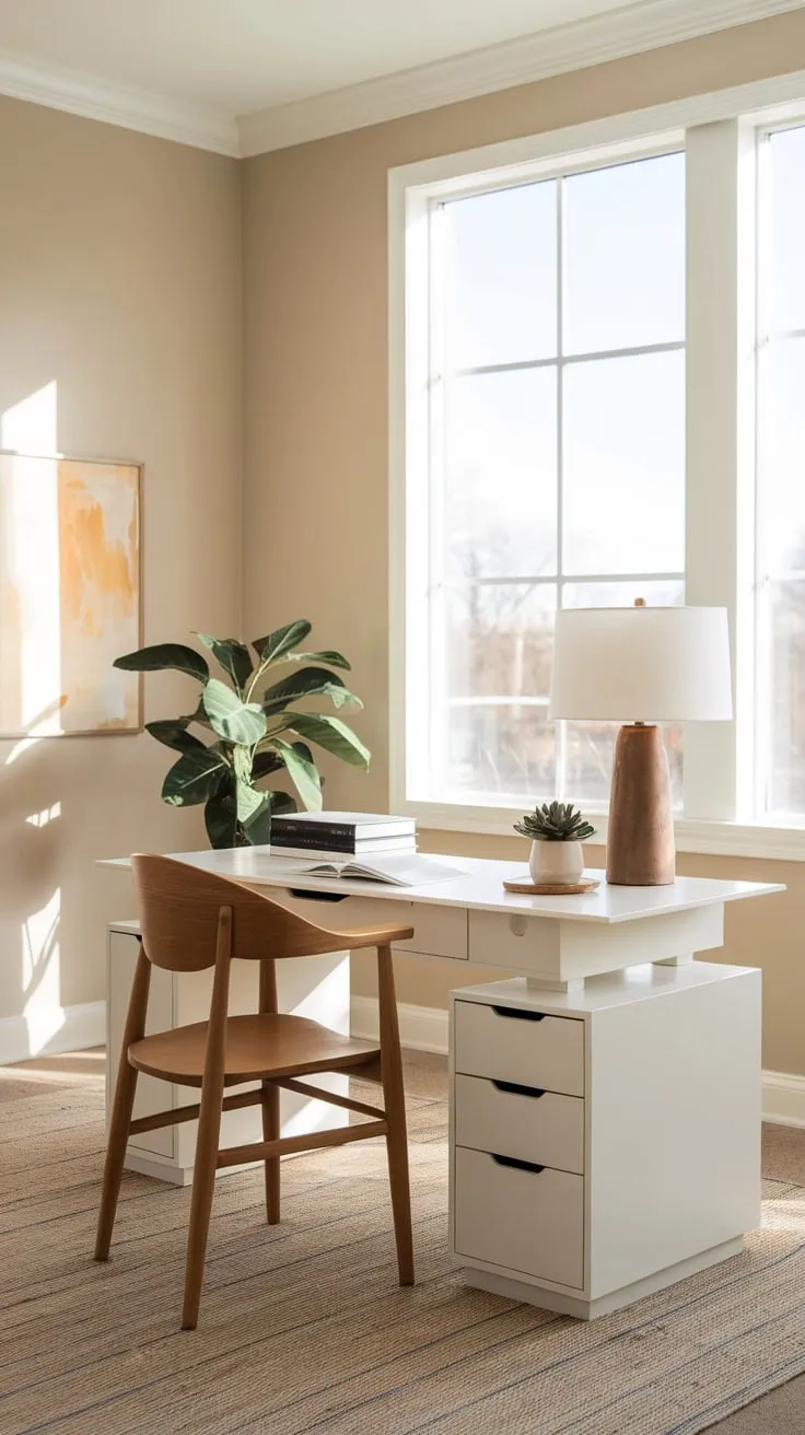 A calming beige-walled home office boasts a clean design with a white desk, natural light, and minimal décor.
