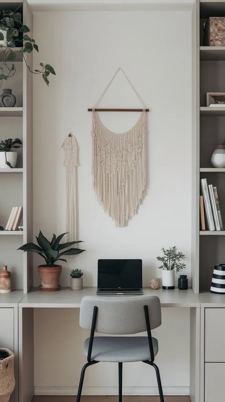 A modern minimalist home office boasts a streamlined design prioritizing functionality and calm with minimal clutter.