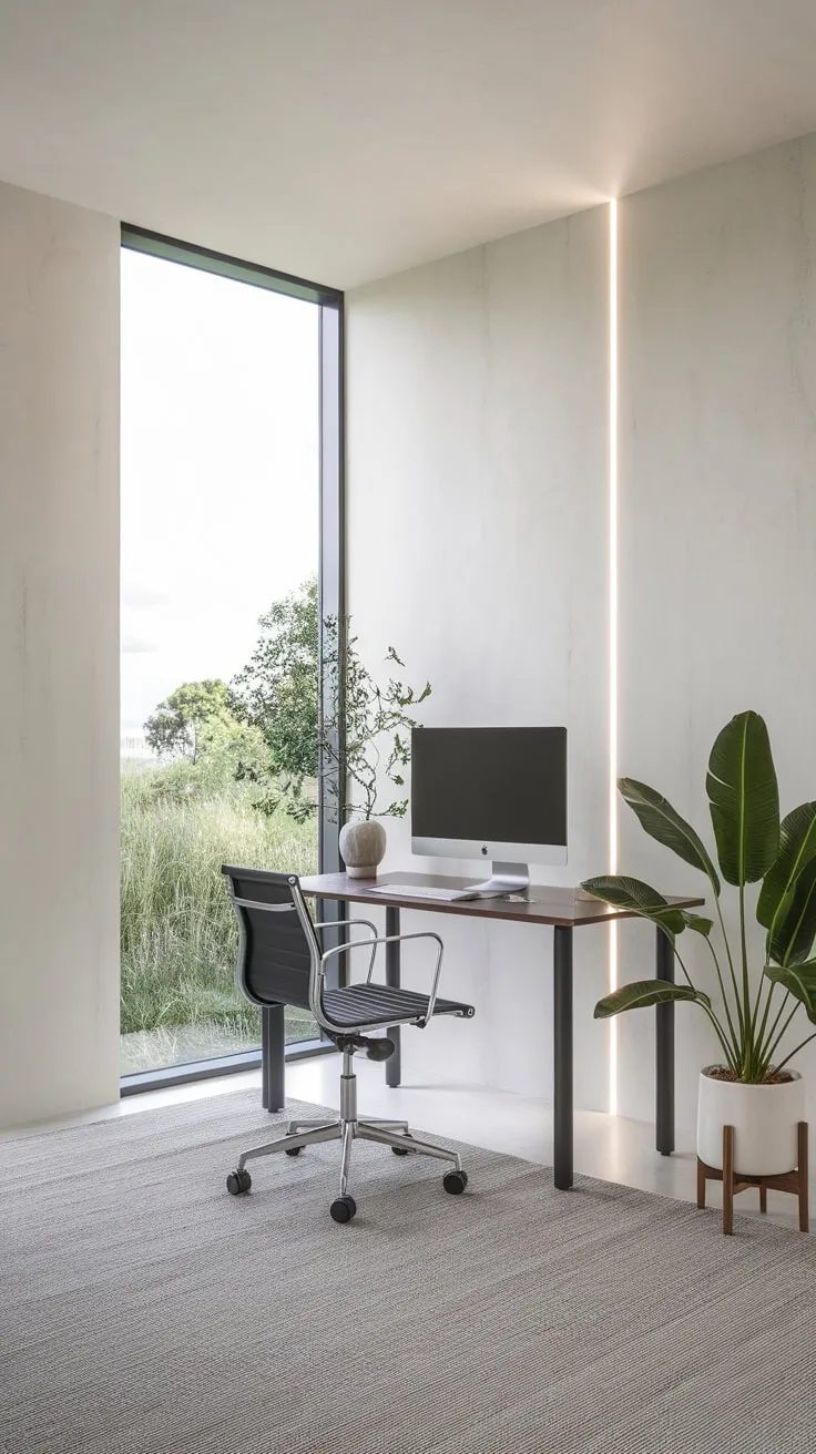 A small desk, comfortable chair, and potted plant create a serene and productive minimalist home office space bathed in natural light.