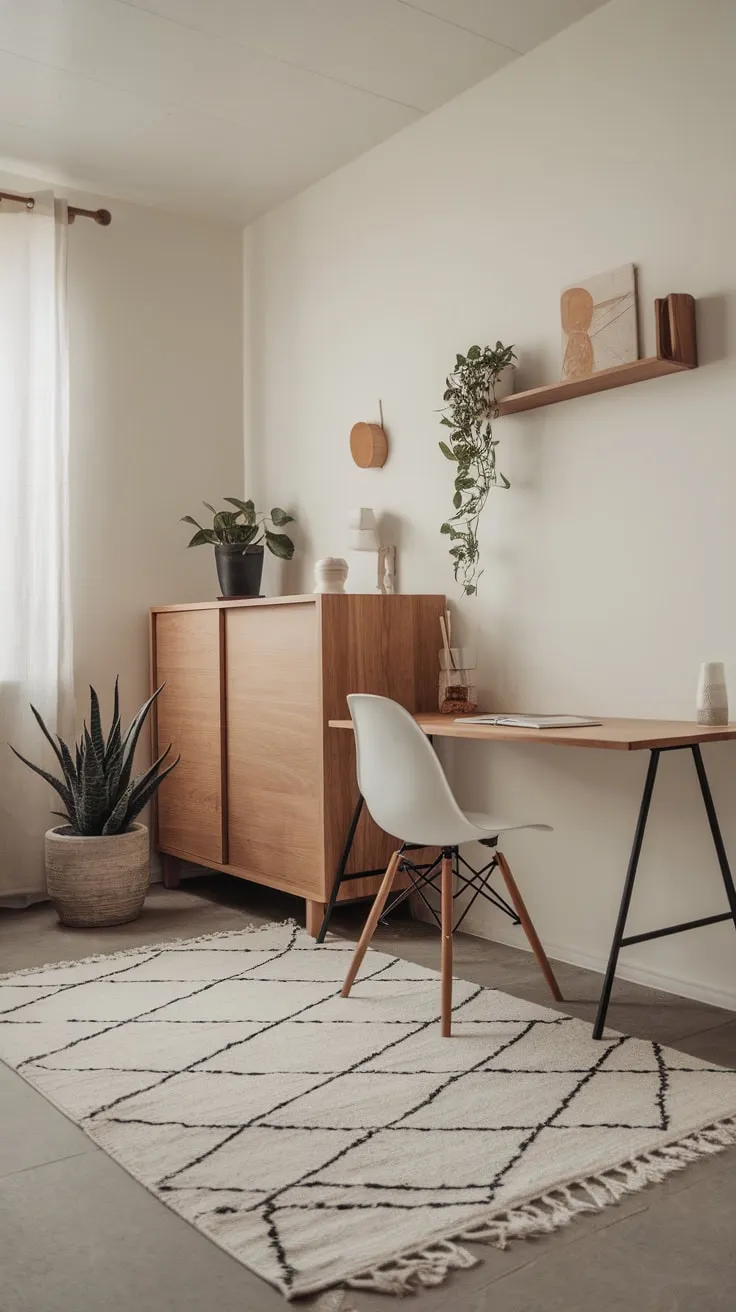 Sunlight streams into a serene minimalist home office featuring a small desk, wooden accents, and carefully curated decor.