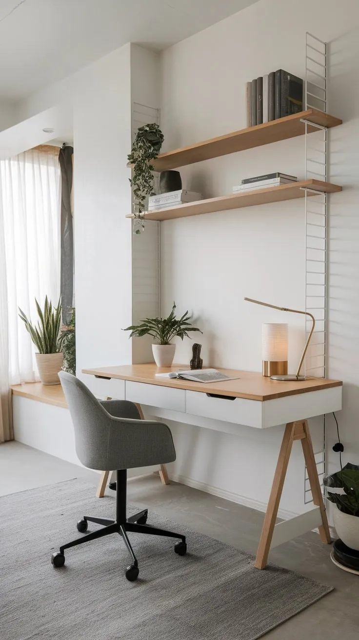 Simple elegance defines this minimalist home office, featuring a white desk, wooden accents, and a few thoughtfully chosen items creating a peaceful workspace.