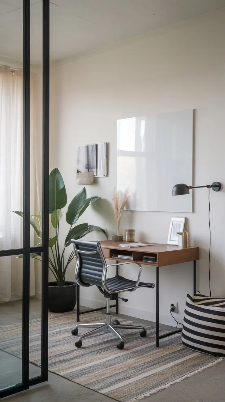 A minimalist home office boasts clean lines, a small desk, and a few carefully chosen personal touches, creating a serene workspace.