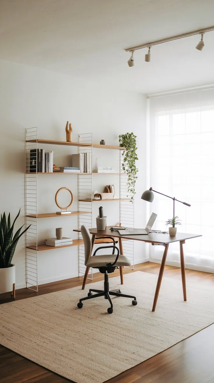 A modern, organized home office boasts a serene atmosphere with a minimalist design, natural light, and essential workspace elements.