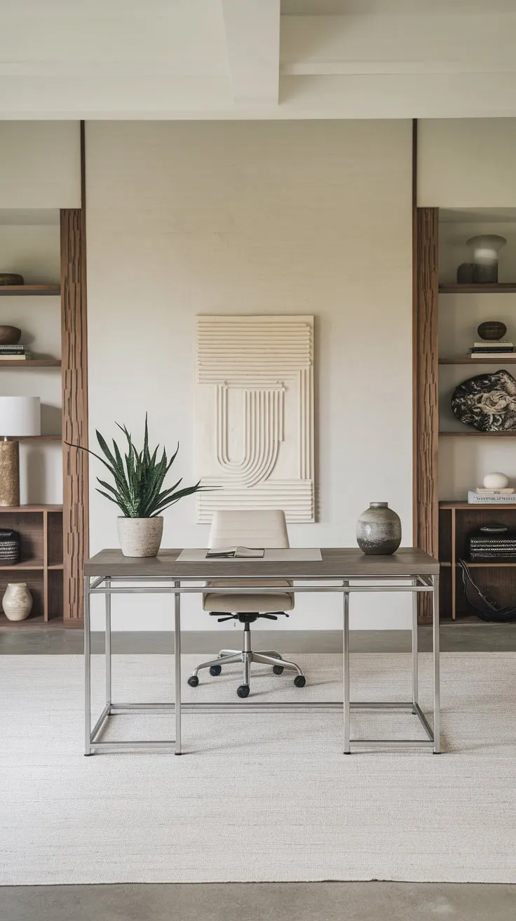 Clean lines and a few carefully chosen accents create a serene and productive minimalist home office.