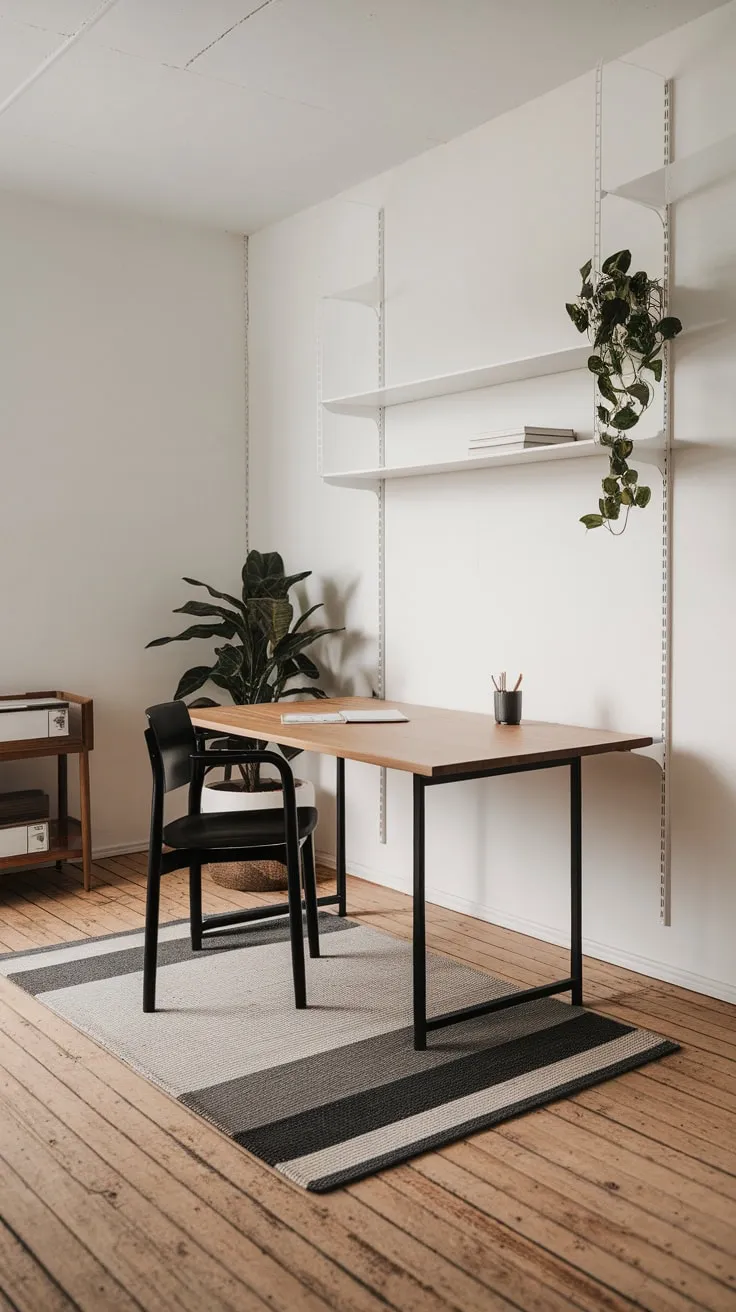 A simple desk, a single plant, and a neutral palette create a serene and functional minimalist home workspace.