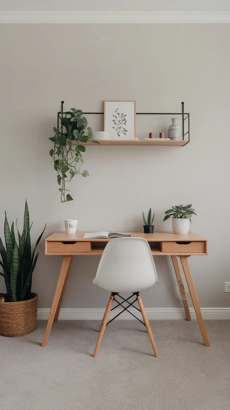 Light gray walls and carpet complement a minimalist home office with a wooden desk, white chair, and a sparsely stocked wall shelf.