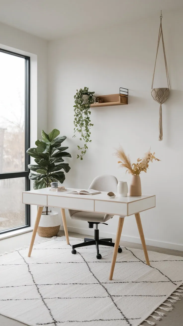 Clean lines and natural light define this minimalist home office, where functionality meets a touch of nature in a serene workspace.