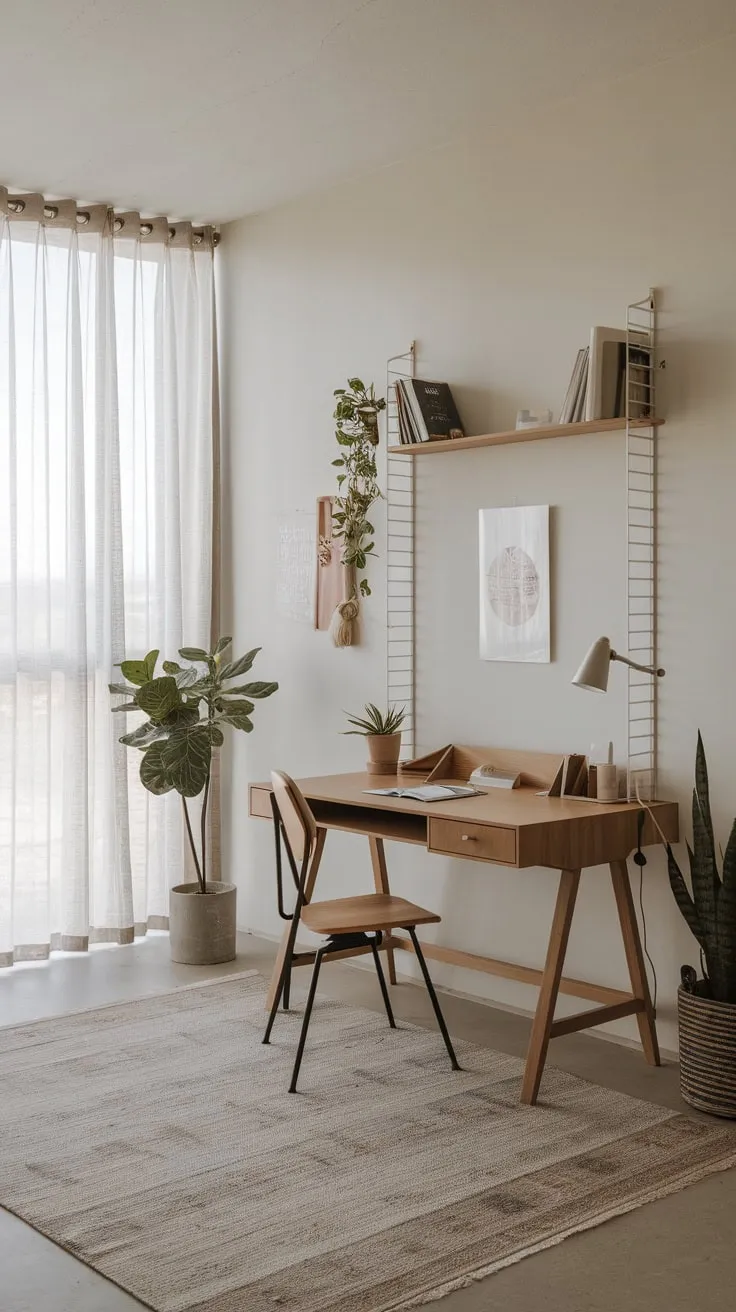 Simple yet stylish, a minimalist home office features a wood desk, comfortable chair, and a few thoughtfully chosen items creating a serene workspace.