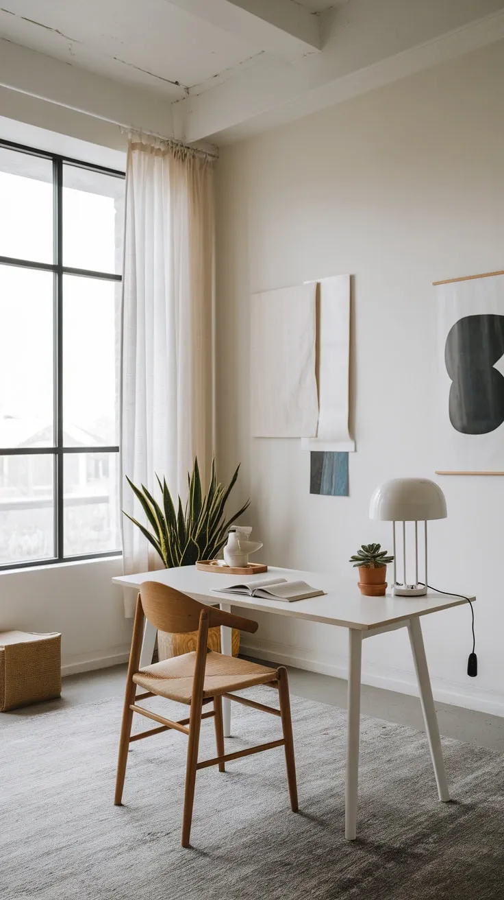 Clean lines and a neutral palette define this minimalist home office, maximizing functionality and tranquility.
