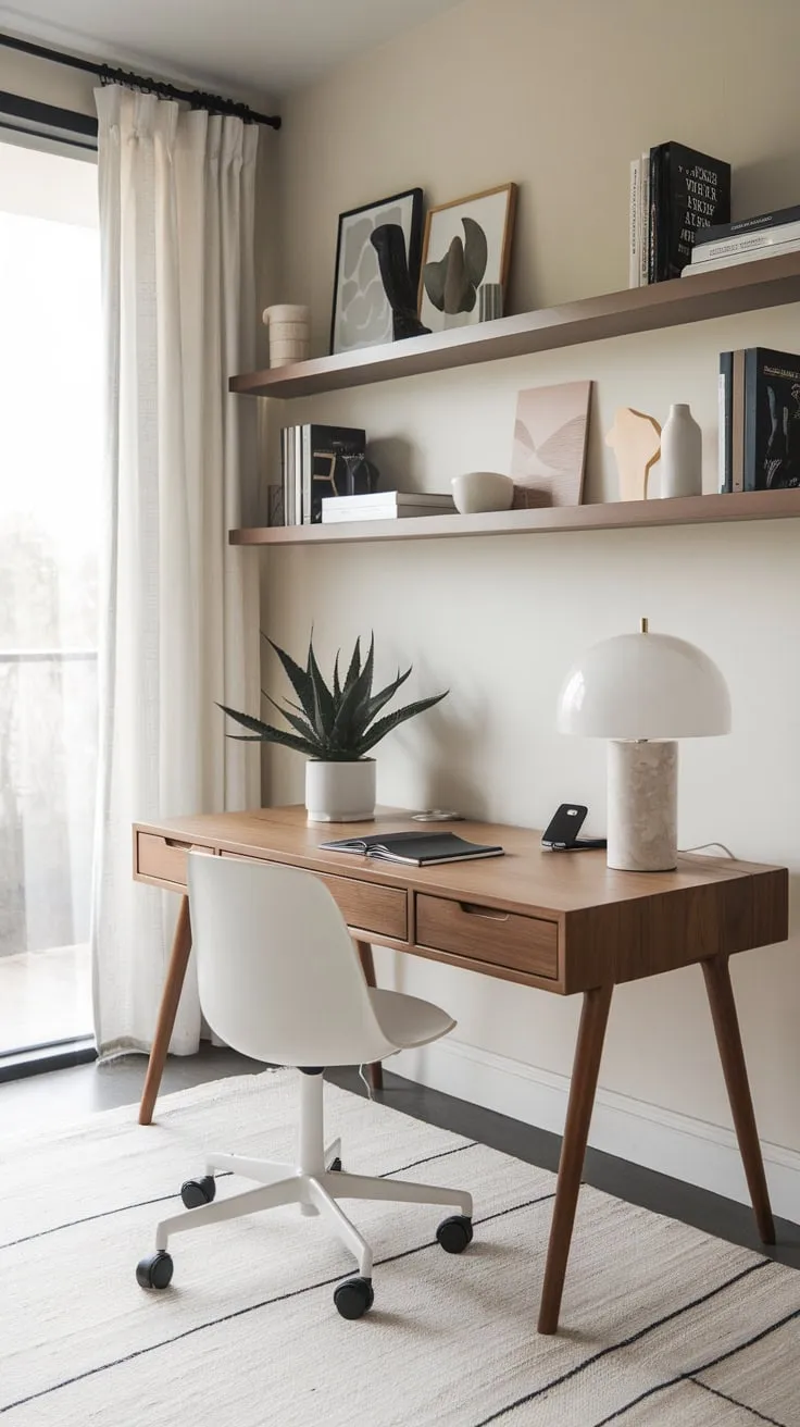 A bright white and wood minimalist home office features a functional workspace enhanced by subtle pops of black and greenery.