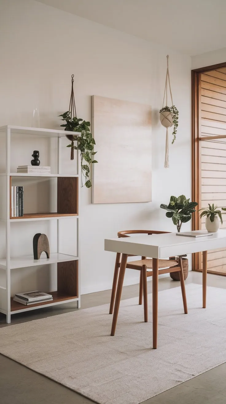 A serene minimalist home office boasts a clean white desk, natural wood accents, and pops of greenery against a backdrop of abstract art.