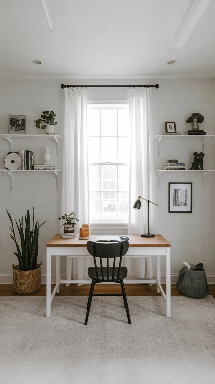 A serene minimalist home office features a simple yet stylish design with a white desk, black chair, and carefully curated accessories.