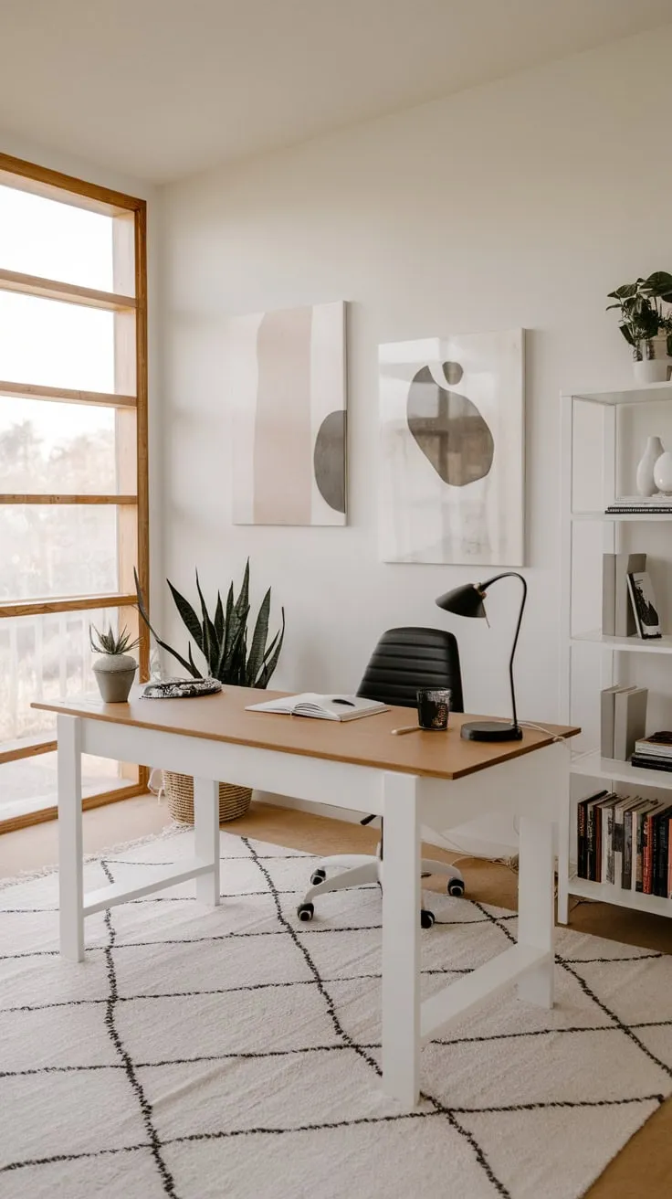 A serene minimalist home office boasts a clean white and wood aesthetic, accented by subtle artwork and essential workspace items.