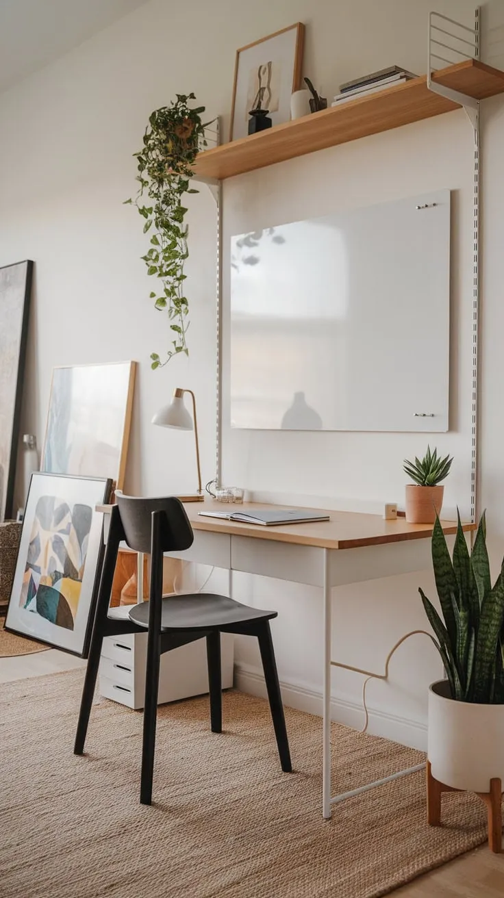 A serene minimalist home office boasts a clean white desk, modern accents, and a calming atmosphere perfect for focused work