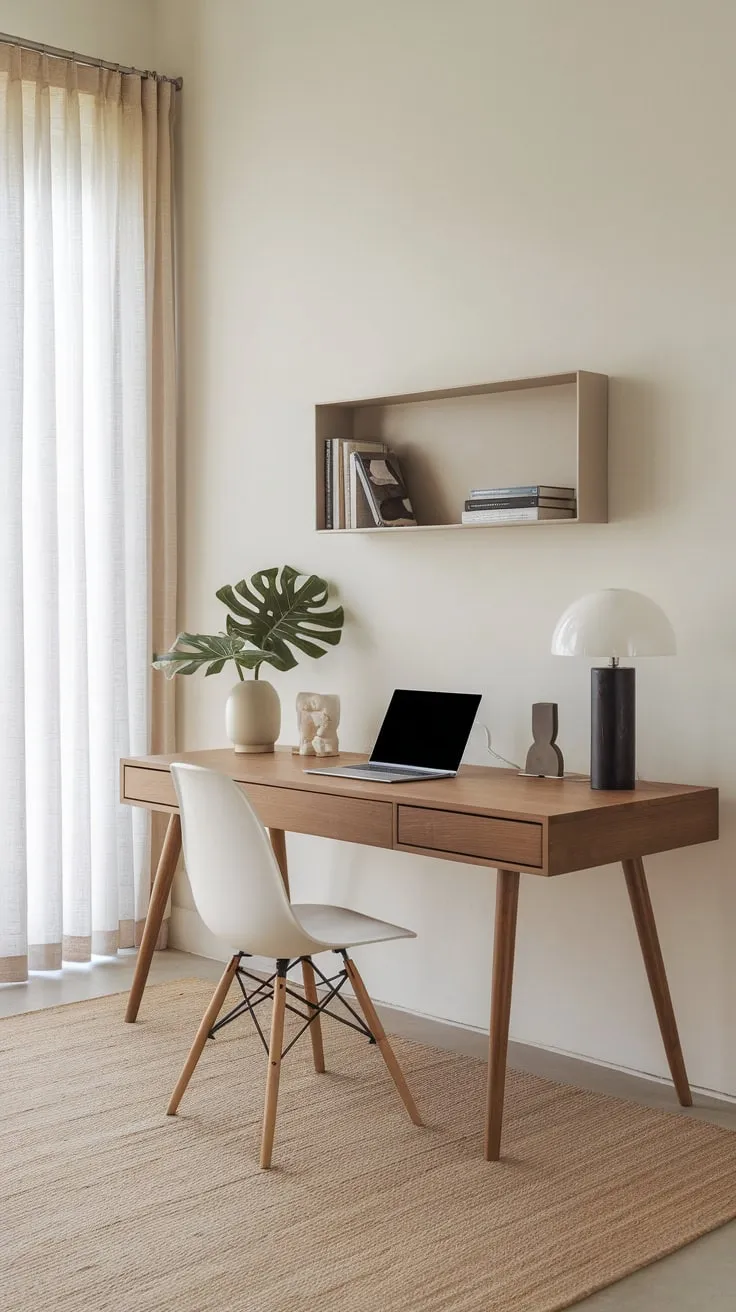 Clean lines and a neutral palette create a peaceful and productive minimalist home office workspace.