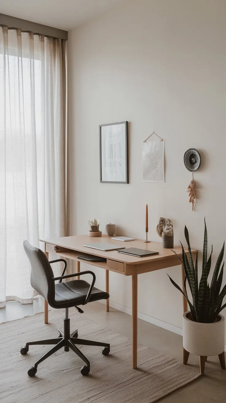 A serene minimalist home office features a workspace essentials—desk, chair, plant—and carefully curated wall decor, bathed in natural light from a large window.
