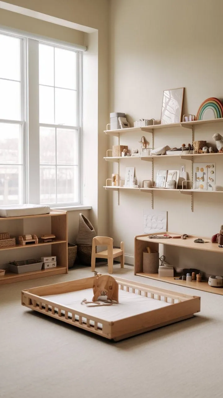 This minimalist Montessori nursery, bathed in natural light and thoughtfully designed for exploration, fosters a nurturing environment that inspires growth and discovery.