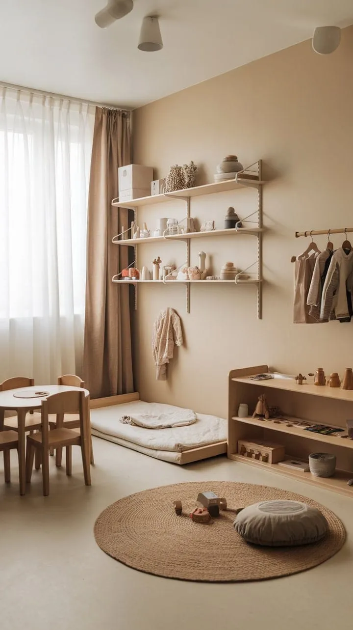 This minimalist Montessori nursery beautifully blends functionality and aesthetics, creating a serene environment that nurtures children's independence and curiosity.