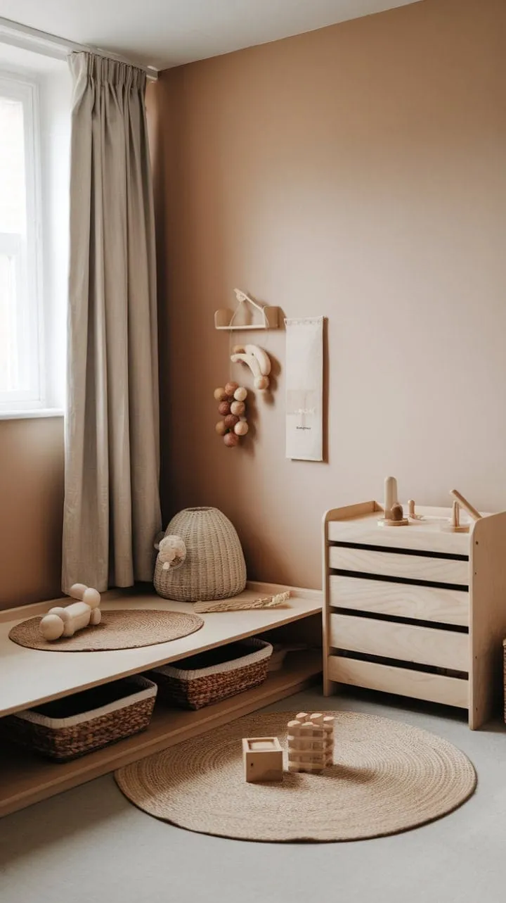 This tranquil Montessori room, adorned with soft colors and natural materials, nurtures a toddler's independence and imagination through thoughtfully chosen elements for play and rest.