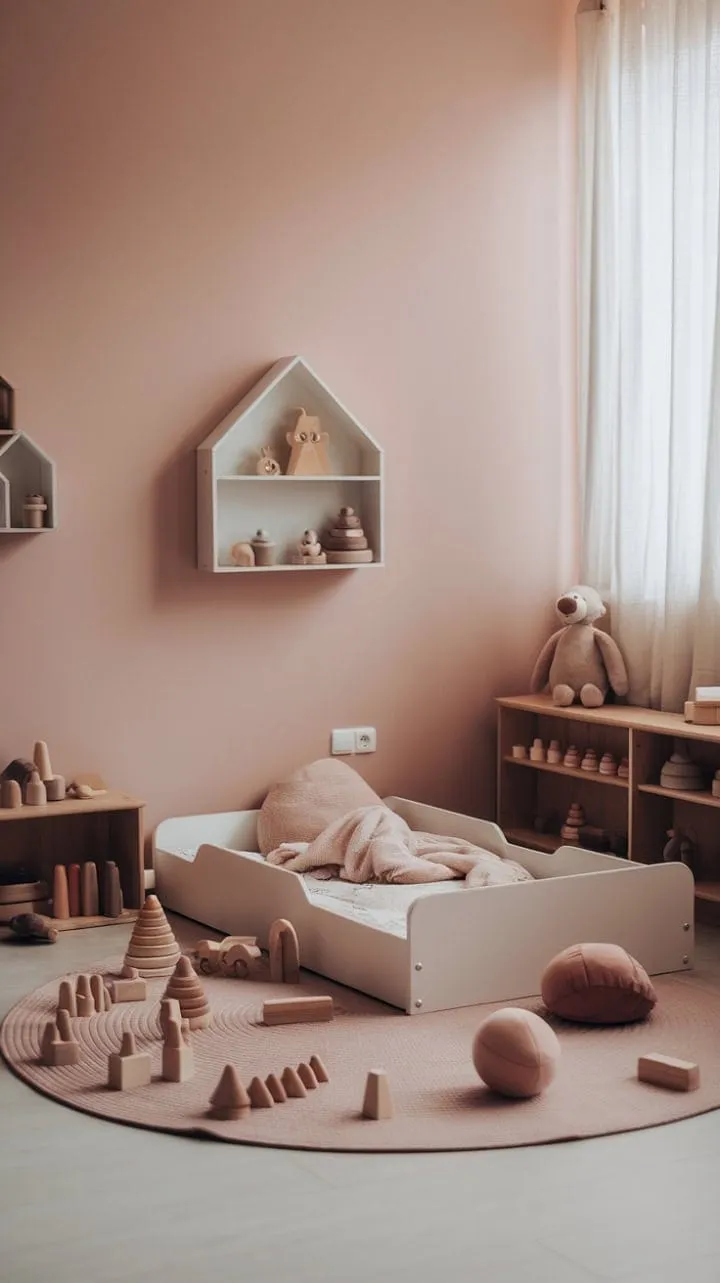 This Montessori-inspired nursery, with its soft pink walls and natural light, creates a warm haven for restful sleep and independent exploration.
