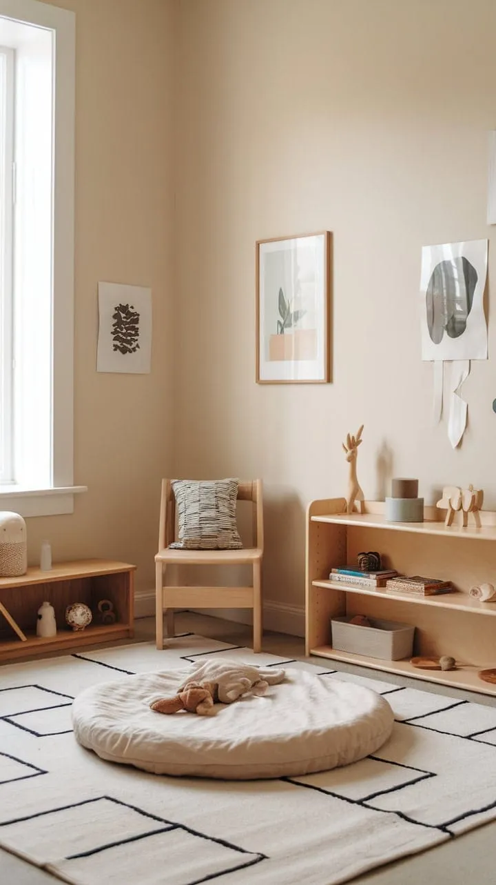 Bathed in sunlight, this tranquil Montessori nursery harmoniously blends simplicity and curiosity, where a low bed and curated art foster both learning and rest.