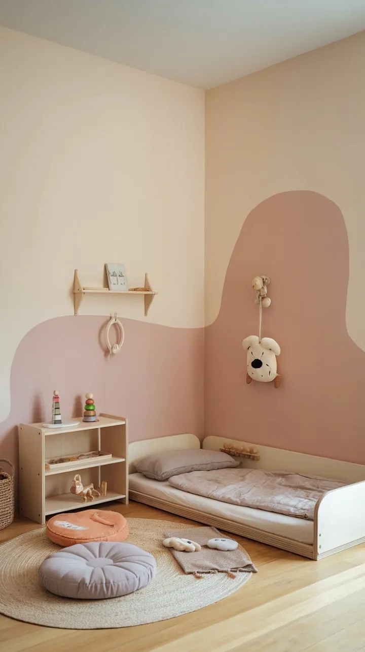 This minimalist Montessori nursery, adorned with soft pastels and natural wood, is a serene sanctuary that nurtures gentle exploration and peaceful slumber, allowing childhood to blossom effortlessly.