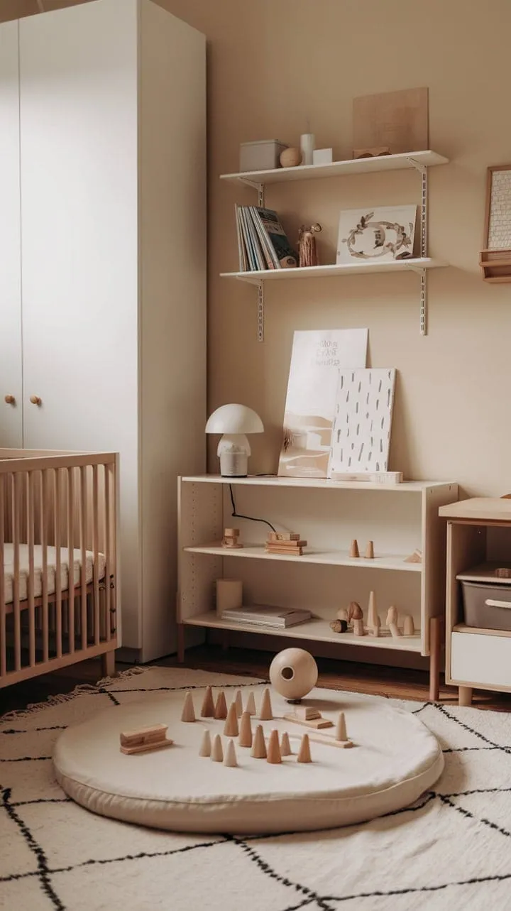 This minimalist Montessori nursery beautifully fosters a child's curiosity and imagination through thoughtfully selected toys, a serene atmosphere, and mindful design.