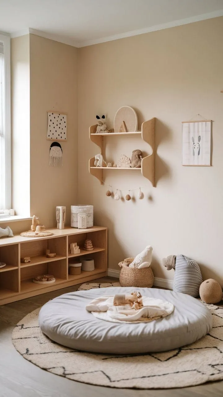 This serene Montessori nursery, with its soothing colors and minimalist design, offers a tranquil space for little ones to learn, play, and rest effortlessly.