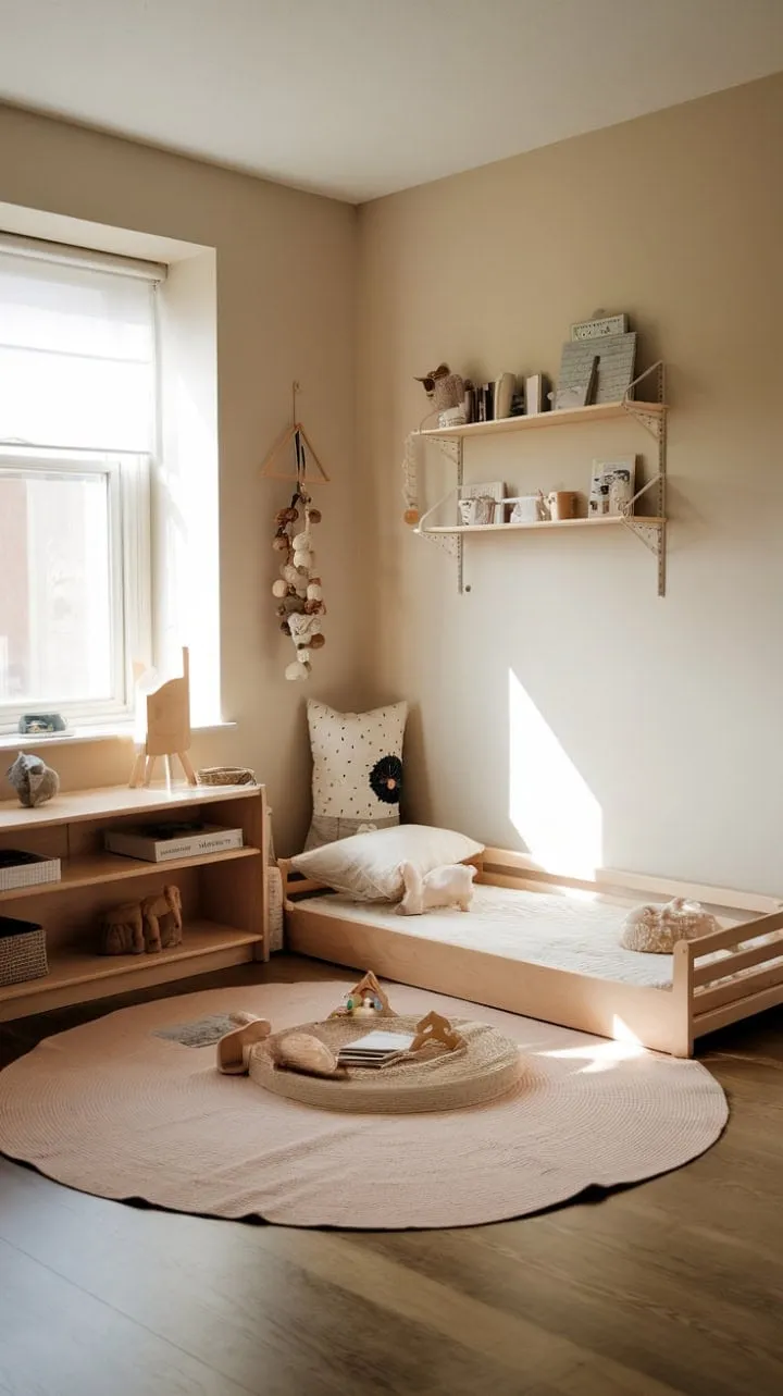 This serene Montessori nursery, with its gentle light and natural wood, creates a nurturing environment where children can thrive through independent play and restful learning.