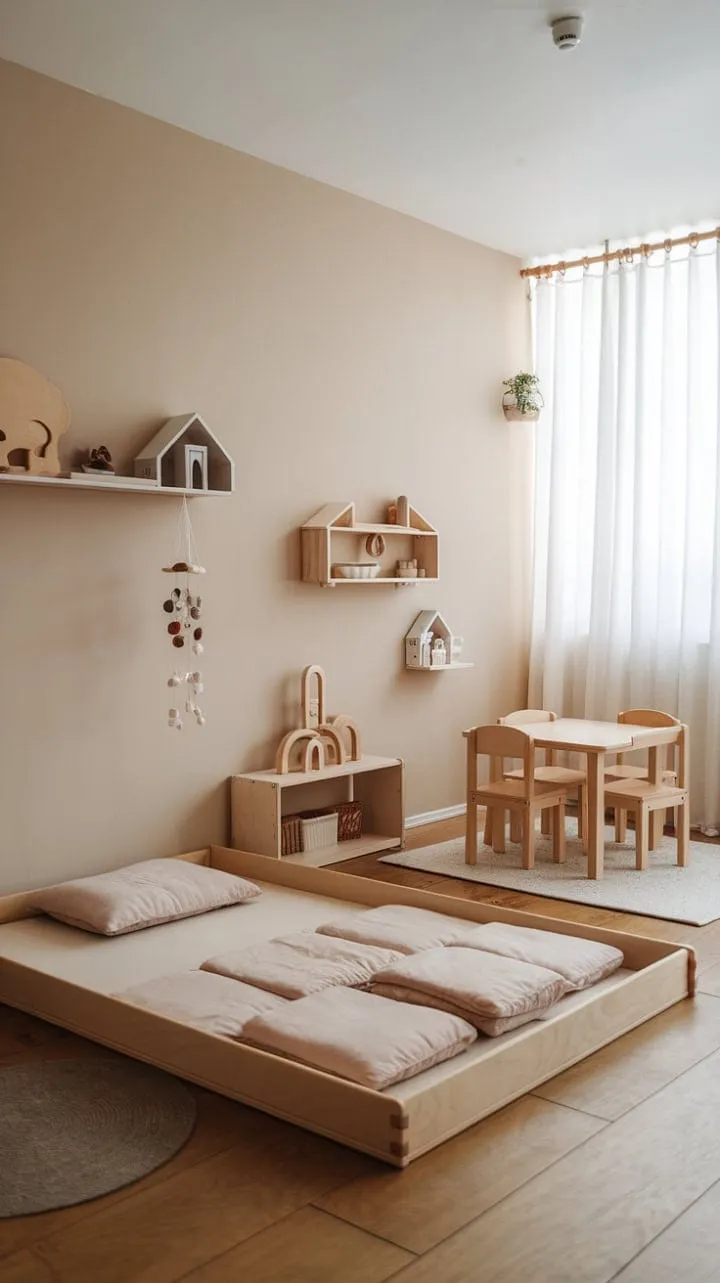 Bathed in soft light, this serene Montessori nursery embodies the beauty of simplicity, fostering a nurturing space for toddlers to explore, learn, and thrive through self-directed play.