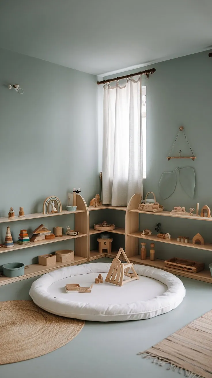 A calming sanctuary designed for independent play and restful sleep. The low bed, open shelving, and carefully curated Montessori materials encourage exploration and a love of learning from a young age. A space where childhood unfolds naturally.