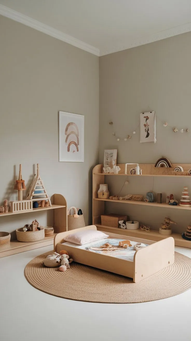Soft grey walls and natural light bathe this thoughtfully designed Montessori nursery. A child's world, simplified: a floor bed invites restful slumber, while open shelves showcase age-appropriate toys, encouraging self-directed play and a sense of order. A space designed for growth and discovery.