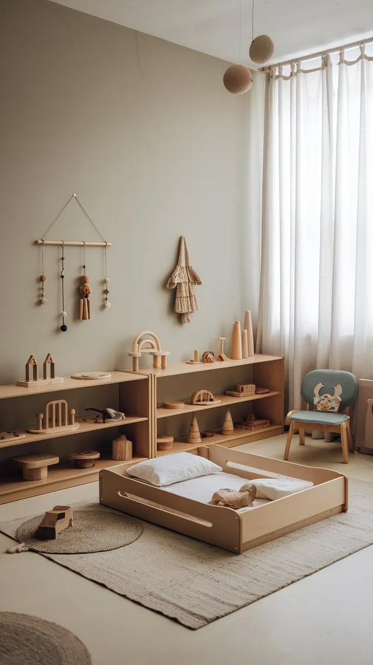Soft grey walls and natural light bathe this toddler's Montessori room in serenity. A carefully chosen selection of wooden toys, easily accessible on open shelves, encourages self-directed play. A space designed for peaceful exploration and development.