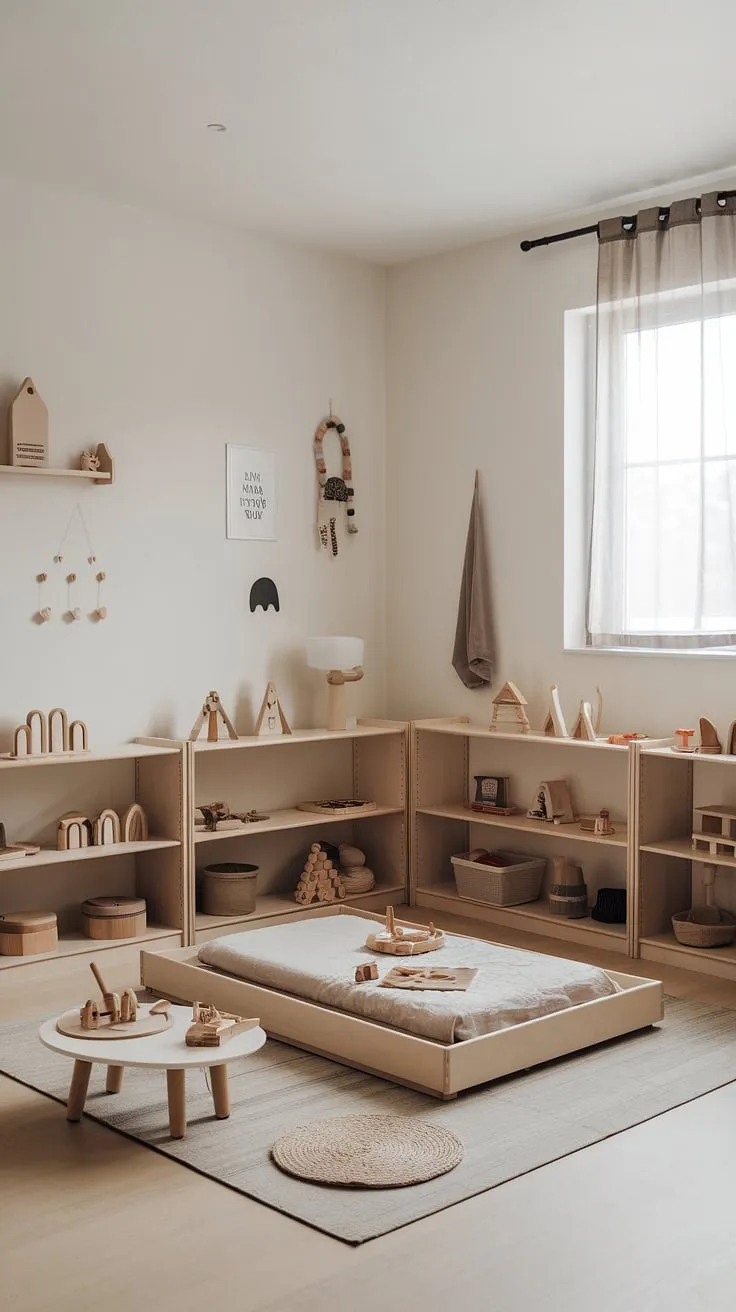 Soft light streams into this serene Montessori toddler room, where a low floor bed invites restful sleep. Surrounding shelves display carefully chosen, open-ended wooden toys, encouraging creativity and self-directed learning. A simple, beautiful space designed for a child's development.